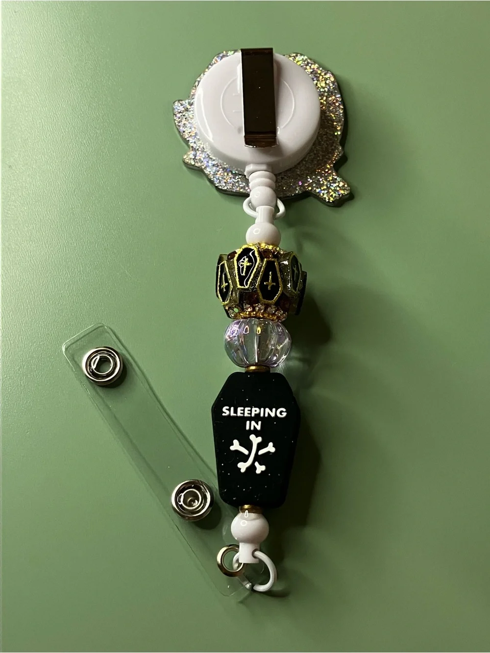 Raven Silver Sparkle Badge Reel with Coffin Beads • Handmade Halloween Work Gift